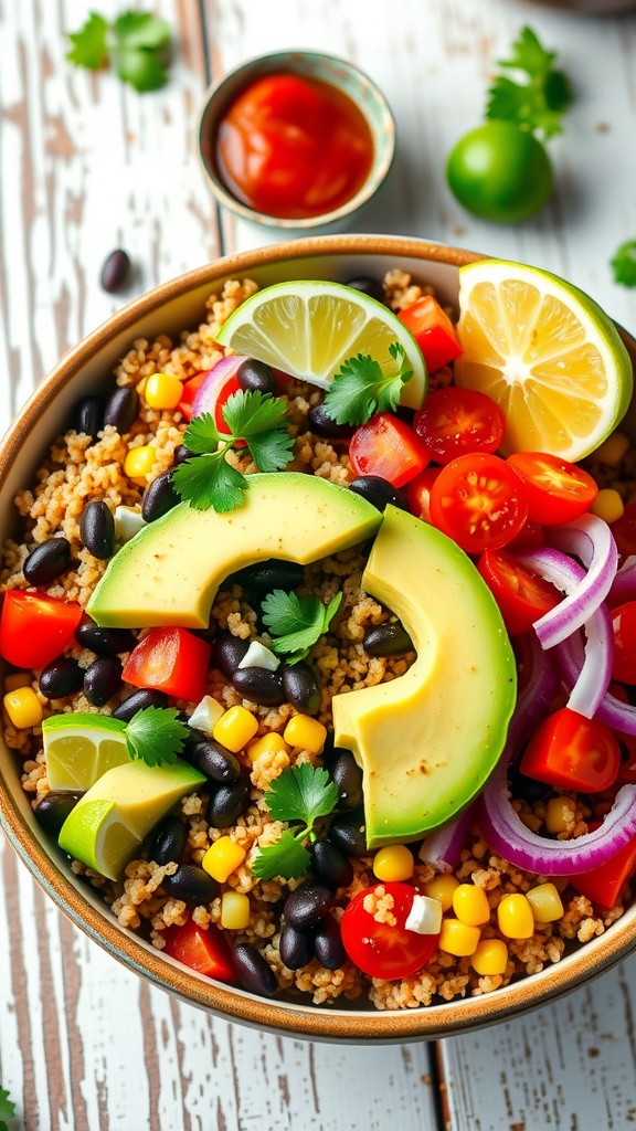 A quinoa taco bowl with black beans, corn, cherry tomatoes, avocado, and cilantro on a rustic table.